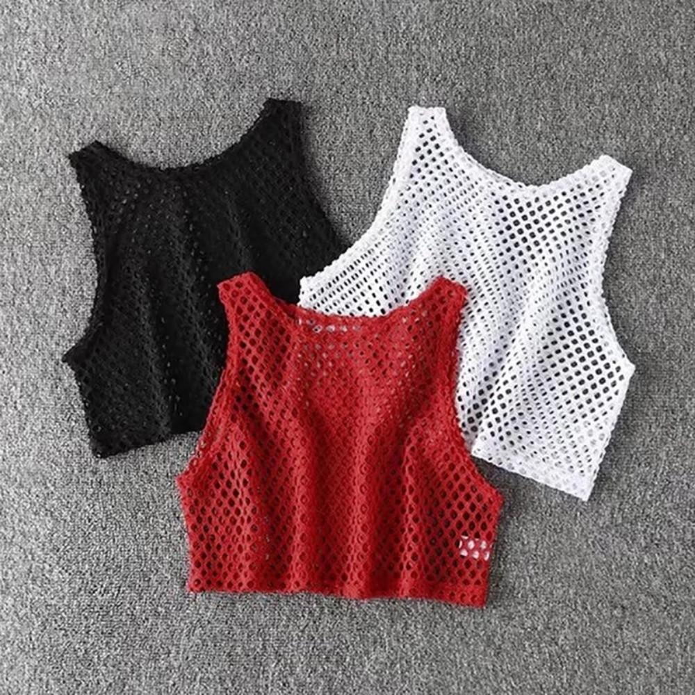 Short Vest Hollow Out Top Sexy Style Crop Top Loose T-shirt Mesh T-shirt  Female Fashion