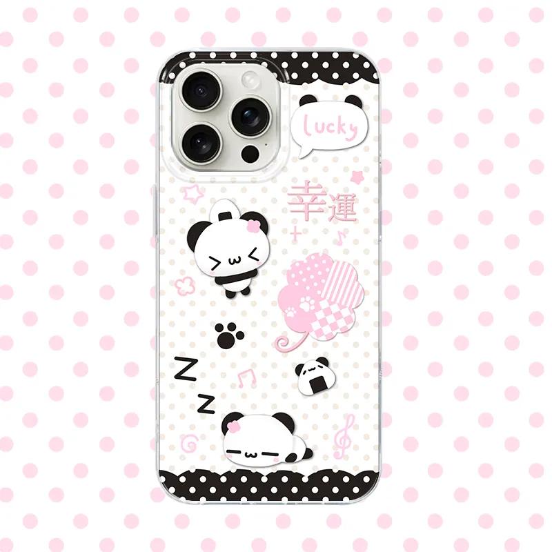 

Cartoon Cute Panda Pink Green Wave Dot Lucky Clover Phone Case For iPhone 16 15 14 13 12 11 Pro Max 7 8 Plus MINI Y2K Cover For iPhone 16 Pro Max