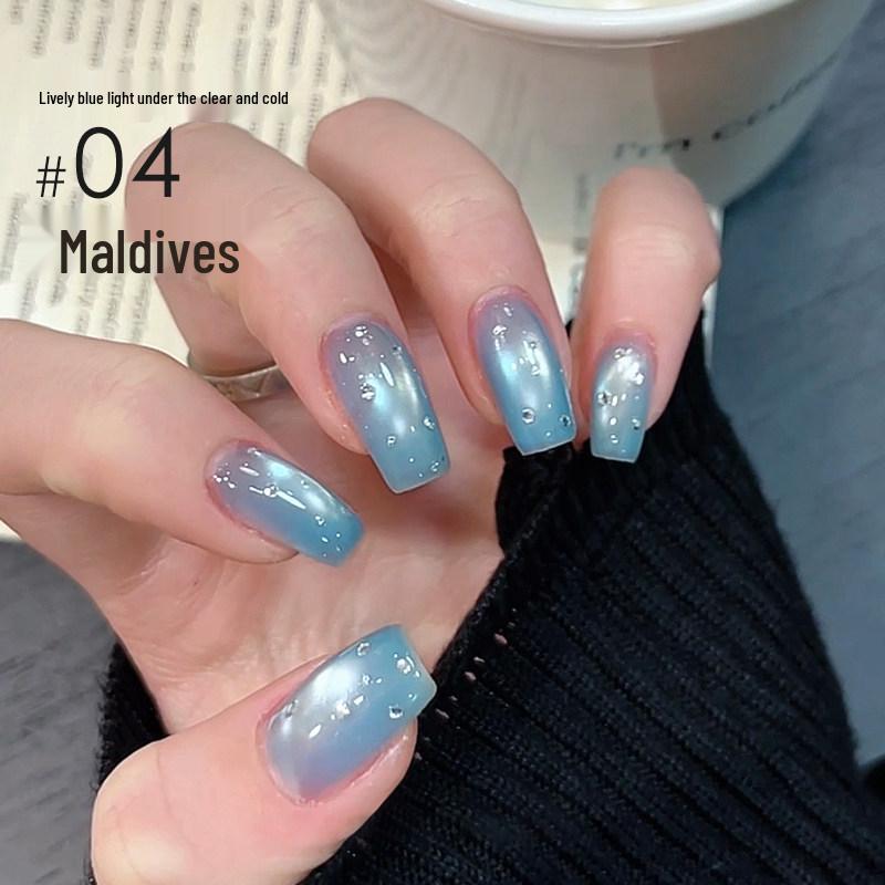 ROLITA Maldives Cat Eye Gel Polish Set - Super Sparkle Blue Pedicure Kit with Transparent Glass Beads.