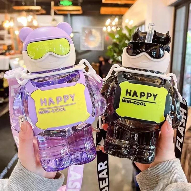 800ml Sports Water Bottle With Straw Unglasses Bear Large Capacity Plastic Water Cup For Travel Portable Backpack Kettle