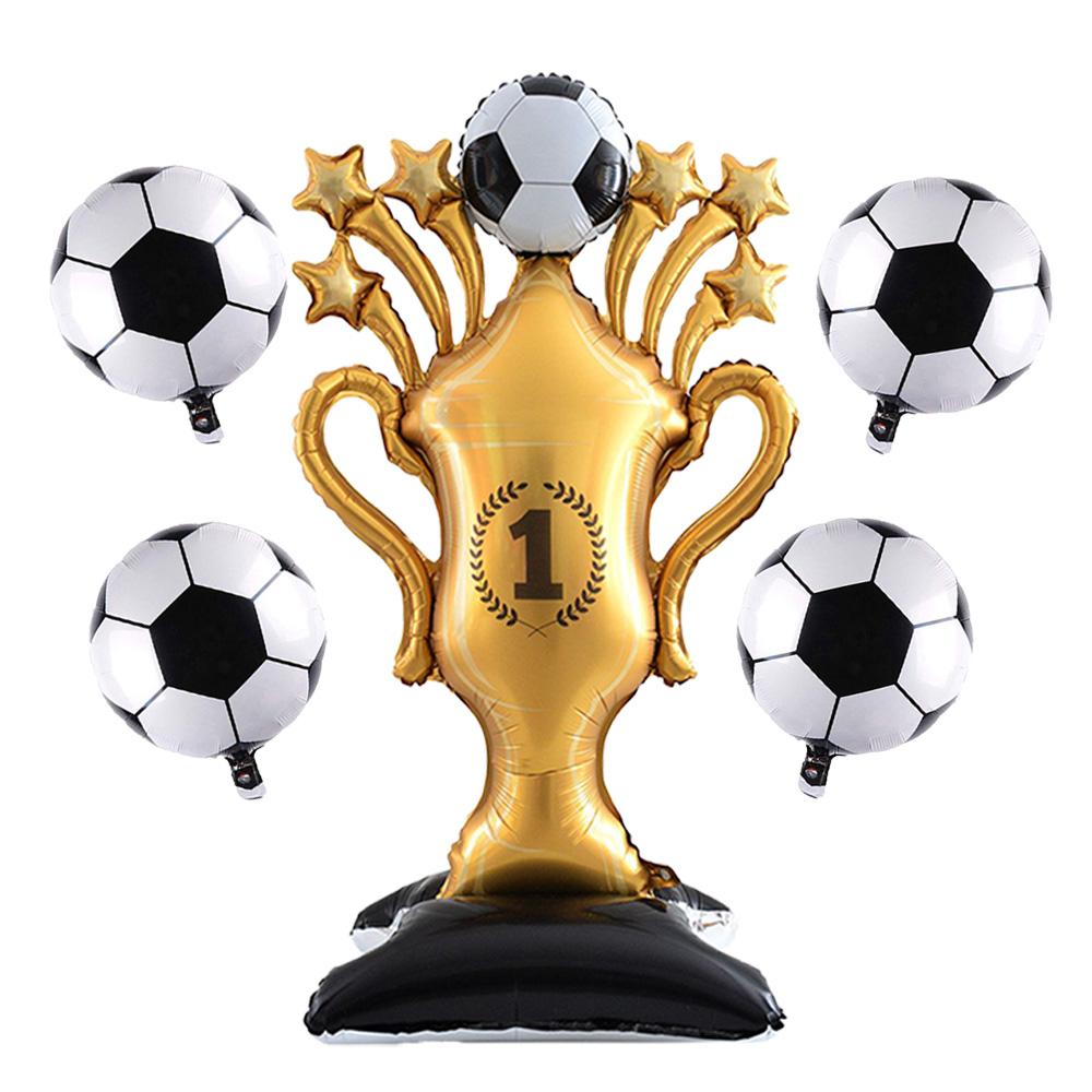 5Pcs Soccer Theme Foil Balloon Set, Jumbo Standing Champion Trophy & 18-Inch Football Mylar Balloons, Aesthetic Sports Event Dec