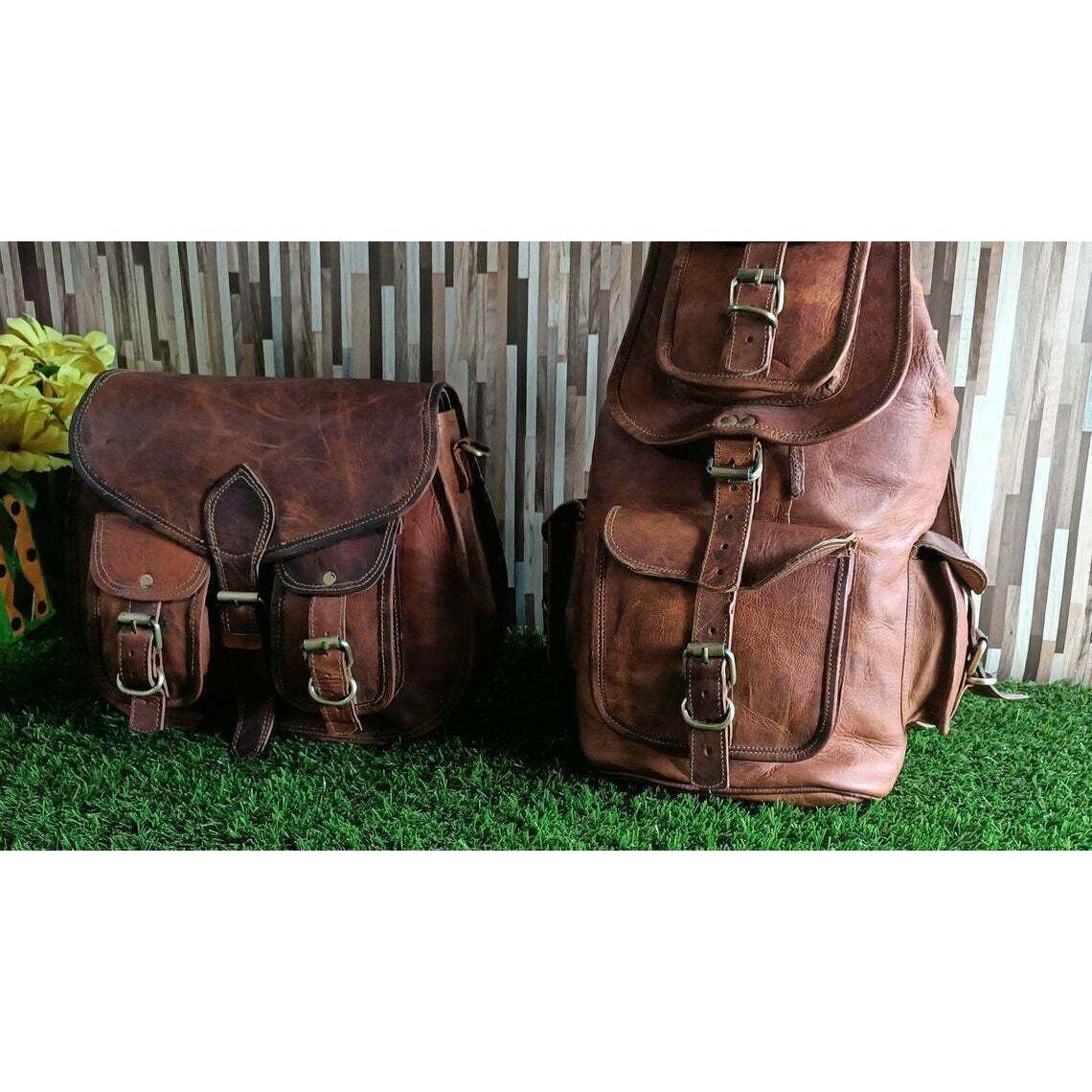 Женский рюкзак с двумя сумками из натуральной винтажной кожи коричневый — фото 3