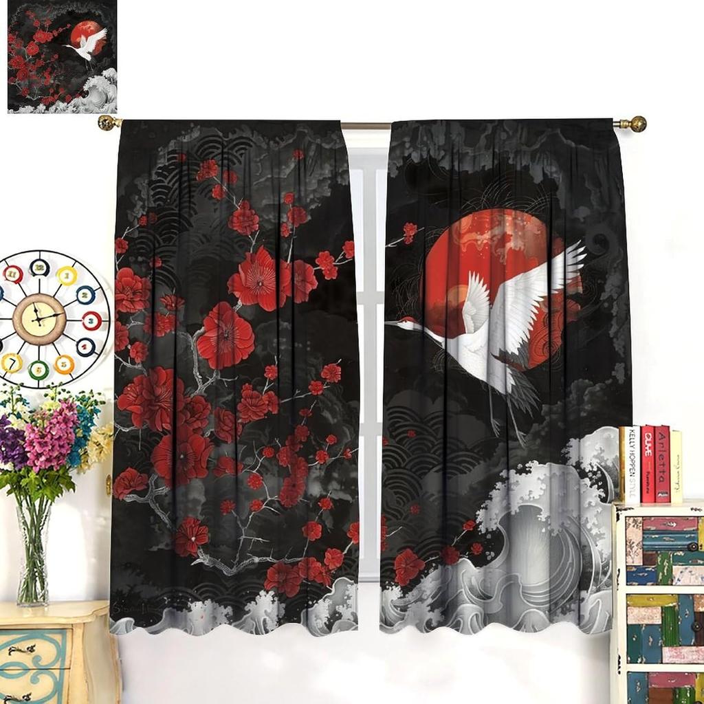 Japanese Curtains Cherry Blossom Sunrise Crane Asian Style Window Drapes Living Room Bedroom Darkening Made Of Polyester Area Treatment