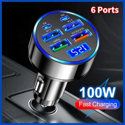 1PC PD+QC 3.0 Fast Charging Car Phone Charger Adapter 6 Port USB Car Charger Type-C PD Fast Charging 3.0 Car Charger