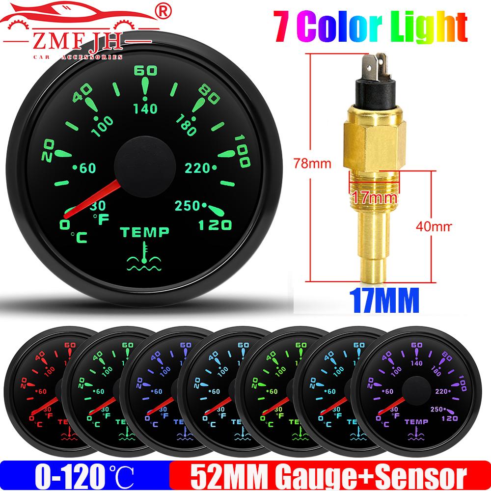 0~120℃,30~250℉ 52MM Water Temperature Gauge+Water Temp Sensor 10.2MM,12MM,16MM,17MM,21MM 7 Color Light for Boat Yacht Car 12V24V
