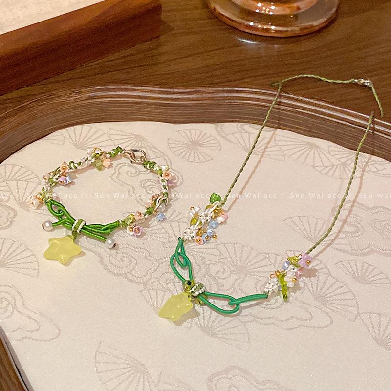 Mori green star bracelet necklace set small fresh flower collarbone chain Korean accessories