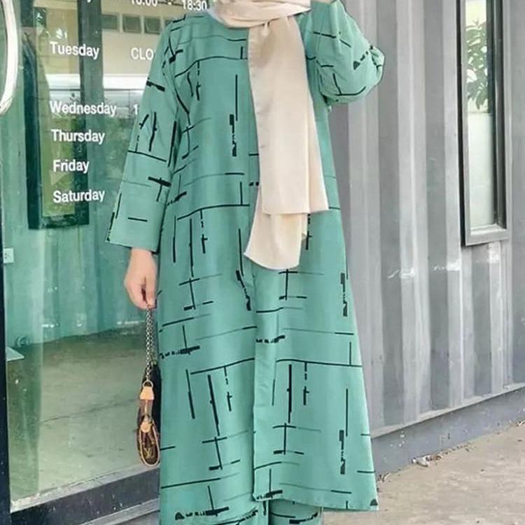 Women's Army Green Muslim Print Casual Fashion Set