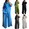 Women's Casual Lounge Set Cotton Linen Two Piece Outfit Long Sleeve Button Down Blouse And Wide Leg Pants With Drawstring Hem