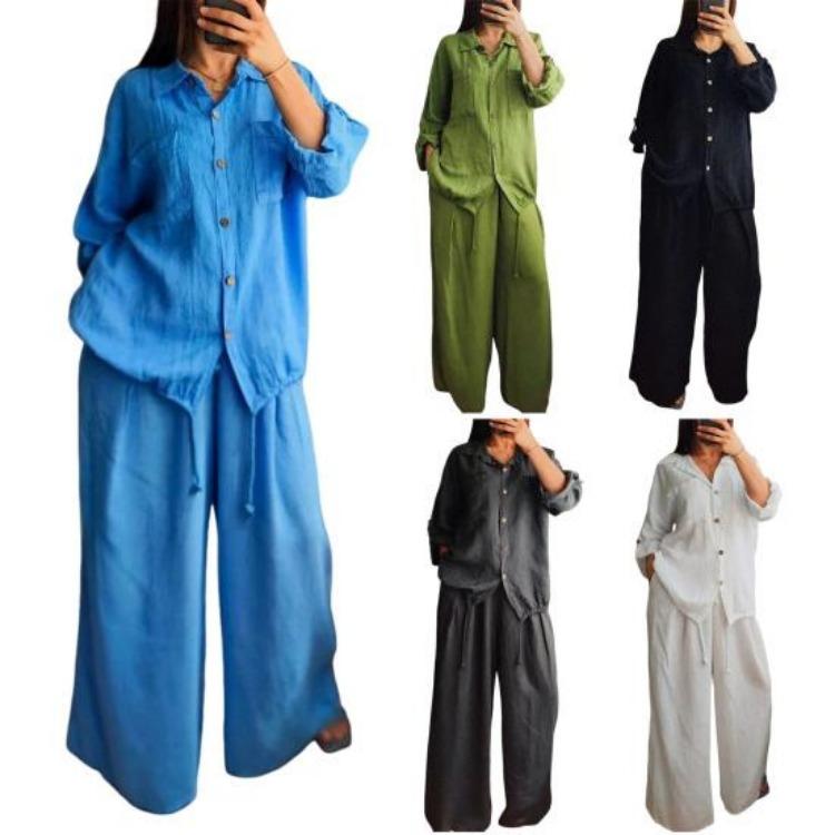 Women's Casual Lounge Set Cotton Linen Two Piece Outfit Long Sleeve Button Down Blouse And Wide Leg Pants With Drawstring Hem