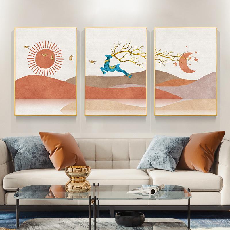 Nordic Landscape Poster Wall Art Canvas Print Picture Mountain Deer Moon Sunrise Modern Abstract Painting for Living Room Decor