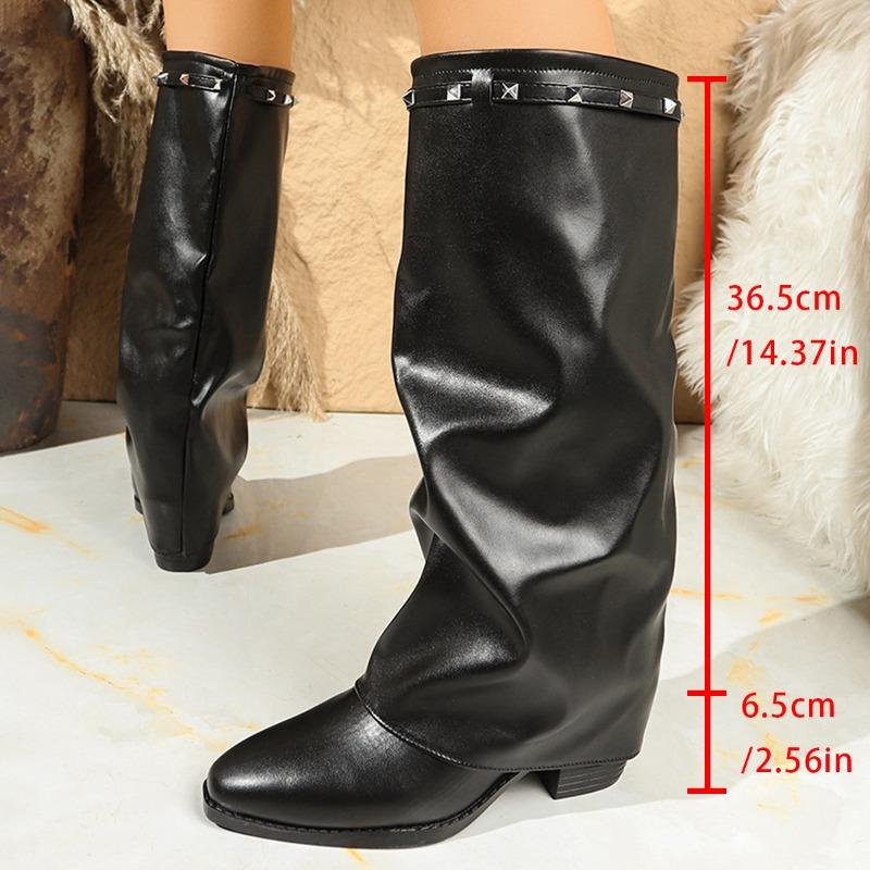 Women's Wide Width Pleated High Heel Knee Boots - Chunky Heel British Style Slouch Boots for Fall, Retro Stacked Boots