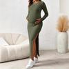 Fashion Maternity Ribbed Maxi Dress Long Sleeve Bodycon Side Slit Pregnancy Dress