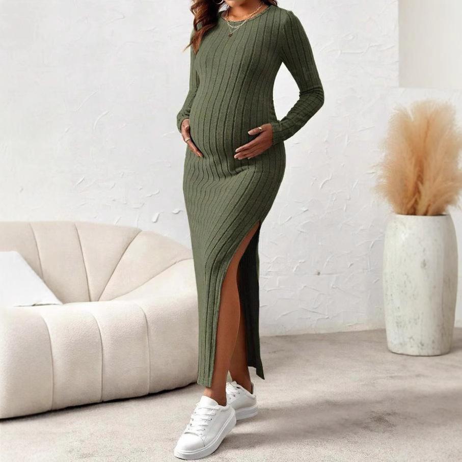Fashion Maternity Ribbed Maxi Dress Long Sleeve Bodycon Side Slit Pregnancy Dress
