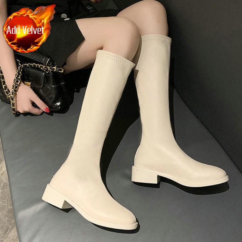 Fashion Autumn Winter Fleece-Lined Leather Middle Heel Knee High Shaft Shoes Woman On Offer Comfortable and Elegant Long Boots for Women