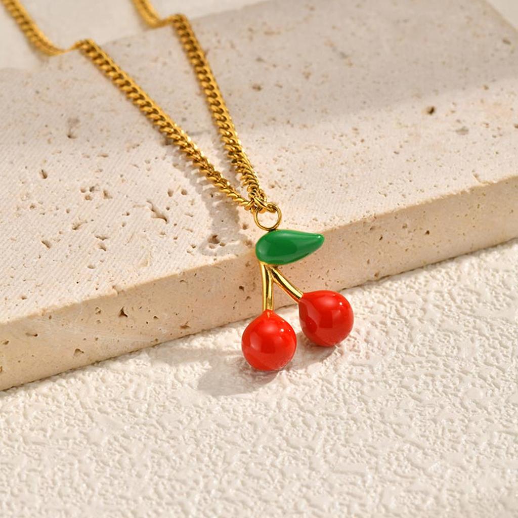 Fashion Cherry Pendant Necklace for Women Stainless Steel 18K Gold Plated Grinding Chain Necklaces Simple Charm Jewelry Gift