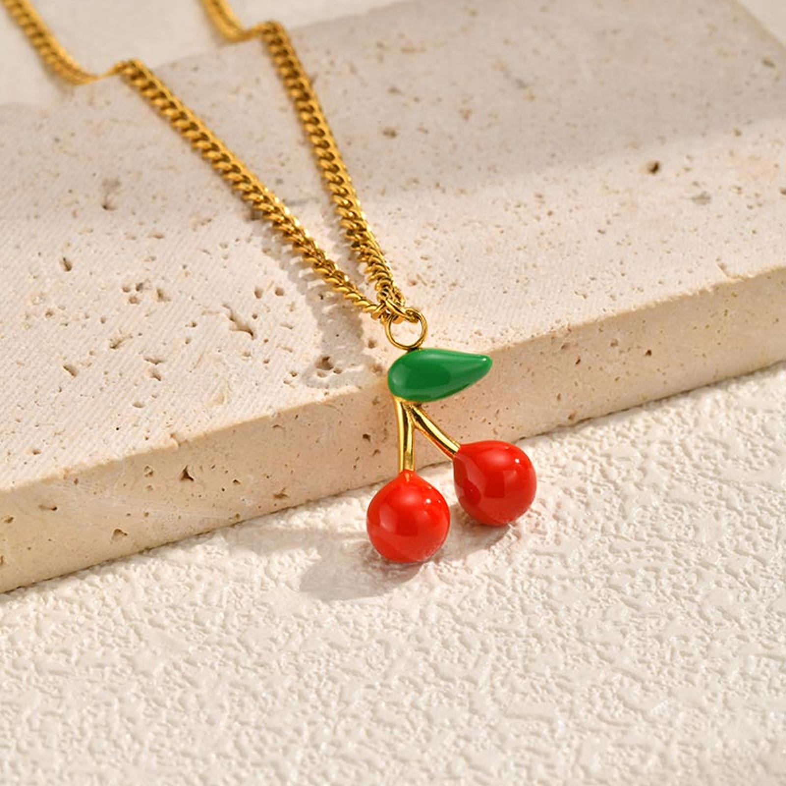 

Fashion Cherry Pendant Necklace for Women Stainless Steel 18K Gold Plated Grinding Chain Necklaces Simple Charm Jewelry Gift