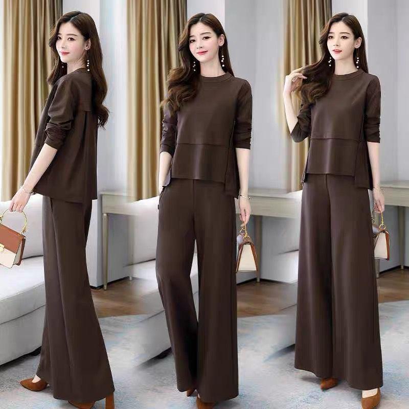 New Spring Clothing Fashionable And Casual Women Clothes Slimming Autumn Two-Piece Set Tshirt +Wide-Leg Pants