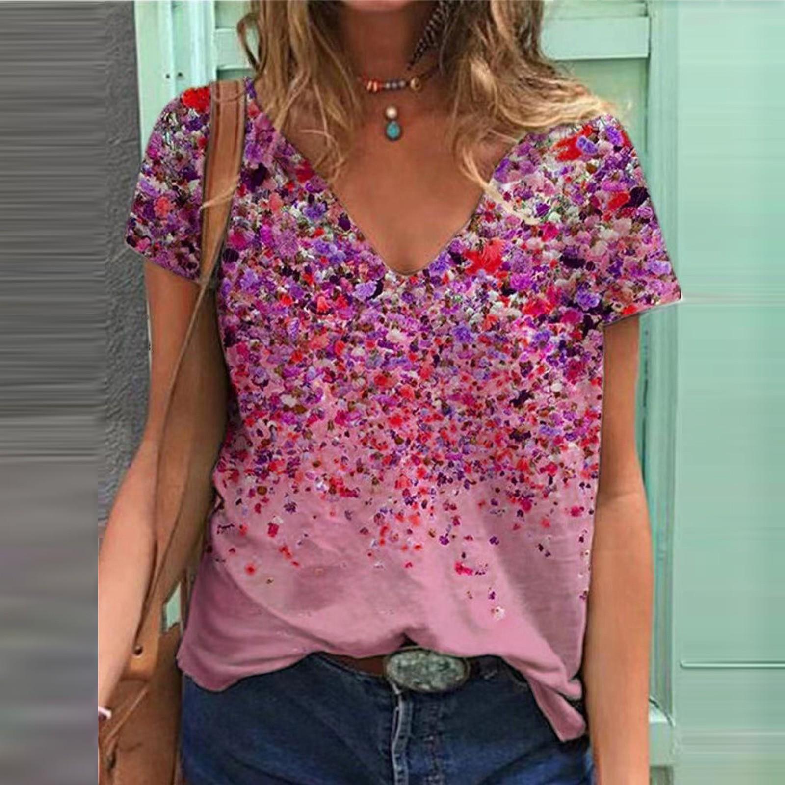 

Women s Fashion Casual Plus Size Scenic Flowers Printing Round Neck T-Shirt Tops XL рожевий
