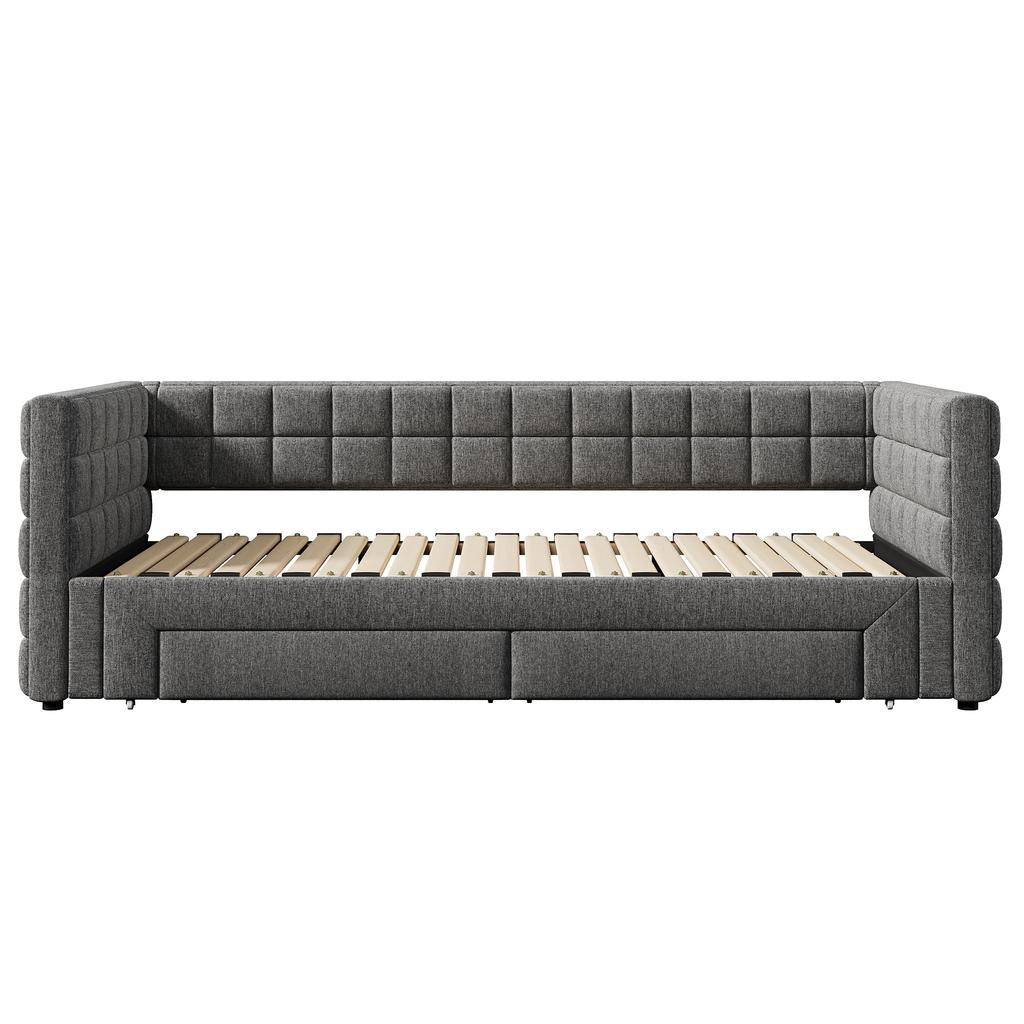 Cama de día, Cama de día, 90 x 200 cm, Sofá cama con respaldo cuadrado, Cama extraíble (Extensible a 180 Tamaño Queen), 2 Cajones, sin Colchón, Gris