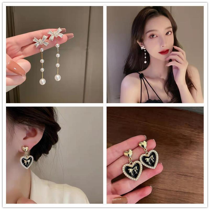 S925 Silver Bow Stud Earrings with Heart Pendant - 2022 Fashion Enamel Drop Women's Accessories