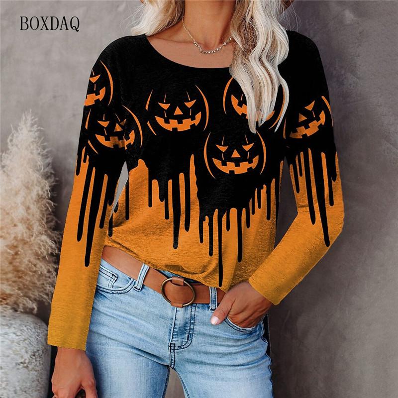 Horror Pumpkin Halloween Women Fashion T-shirts Long Sleeve 3d Print Tie-dye Street Hip Hop Ladies Tees 6XL Big Size Casual Tops