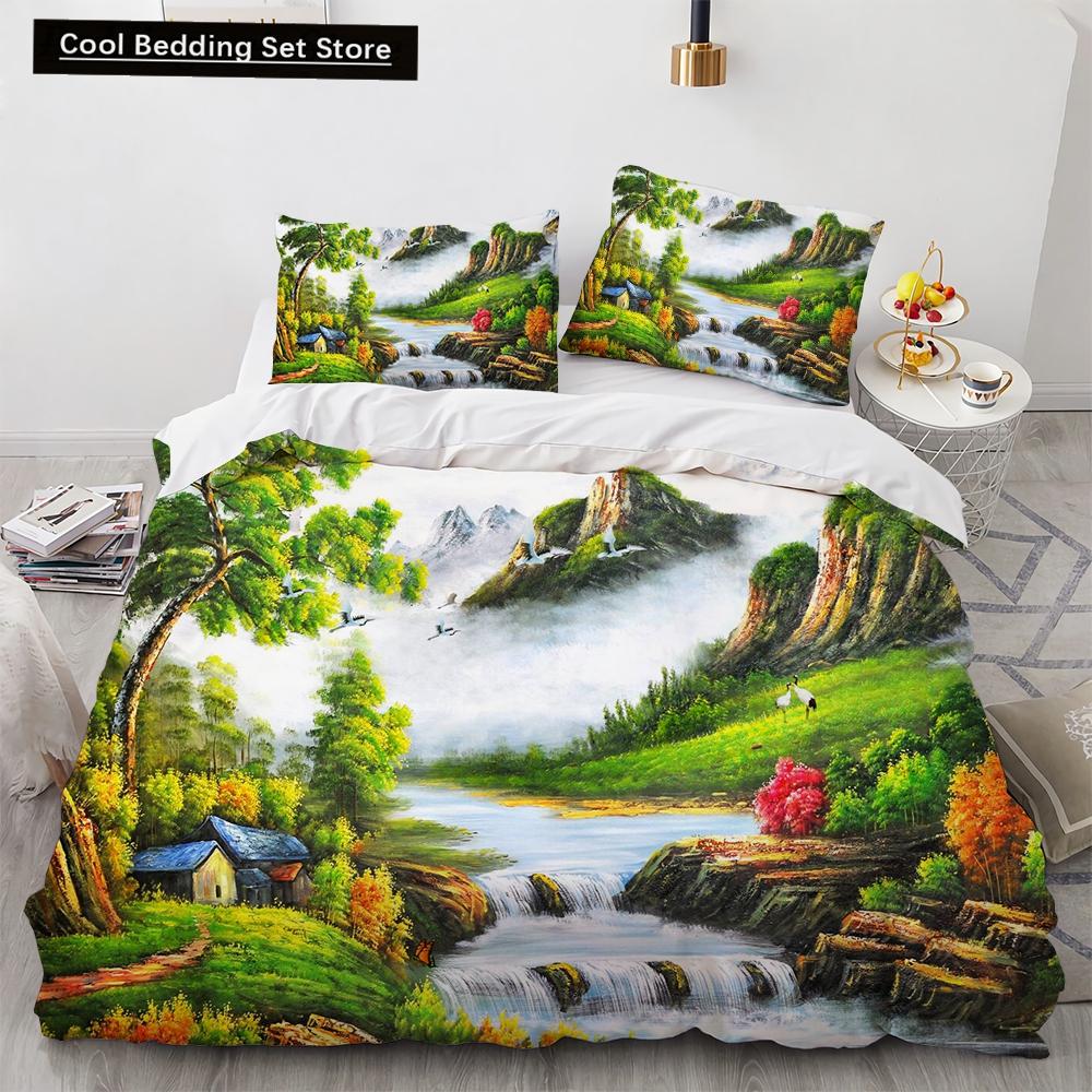 Oil Painting King Queen Duvet Cover Vintage Building Landscape Bedding Set for Adults Retro Art 2/3pcs polyester Quilt Cover