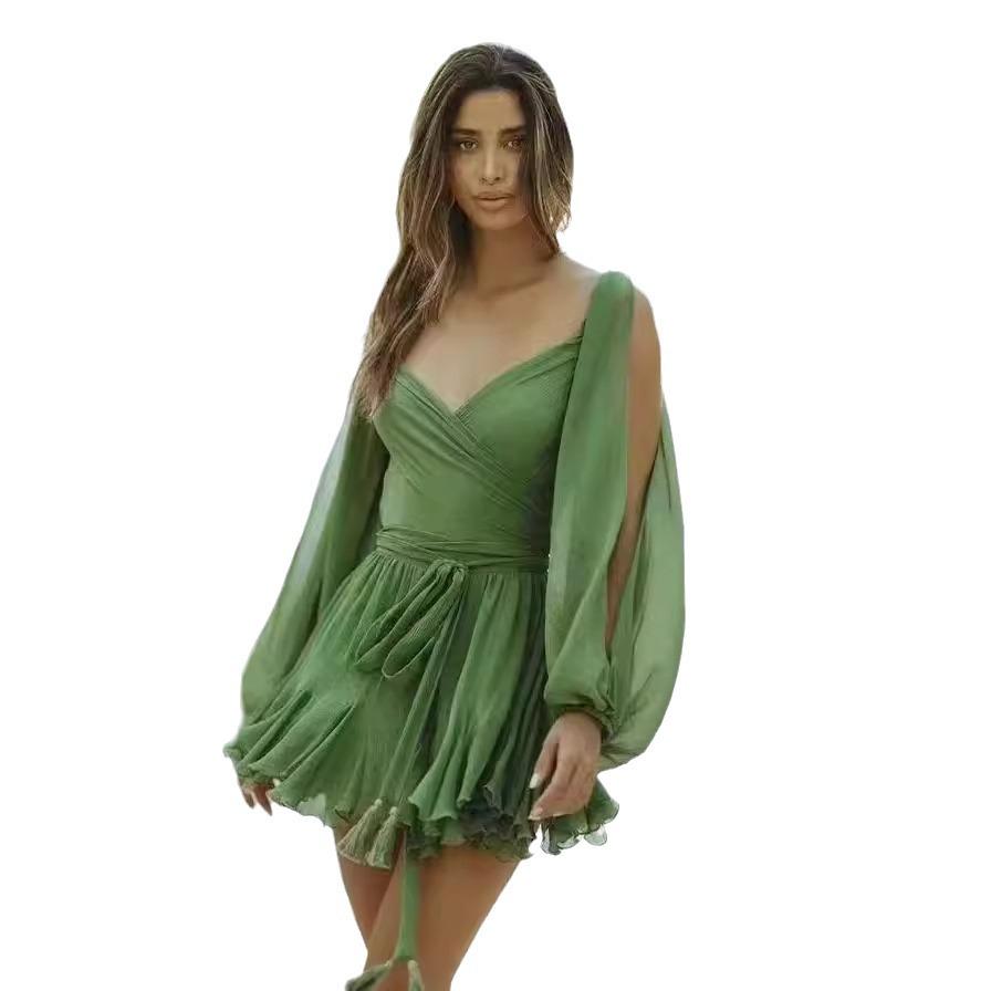 2026 Spring Women's Hollow Lantern Sleeve V-Neck Off-the-Shoulder Mini Dress
