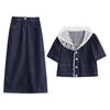 Xiaoxiangfeng denim suit skirt women's new summer super fire temperament Korean version design skirt two-piece set