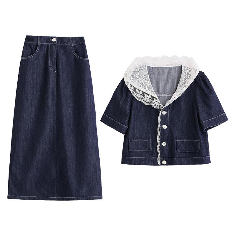 Xiaoxiangfeng denim suit skirt women's new summer super fire temperament Korean version design skirt two-piece set