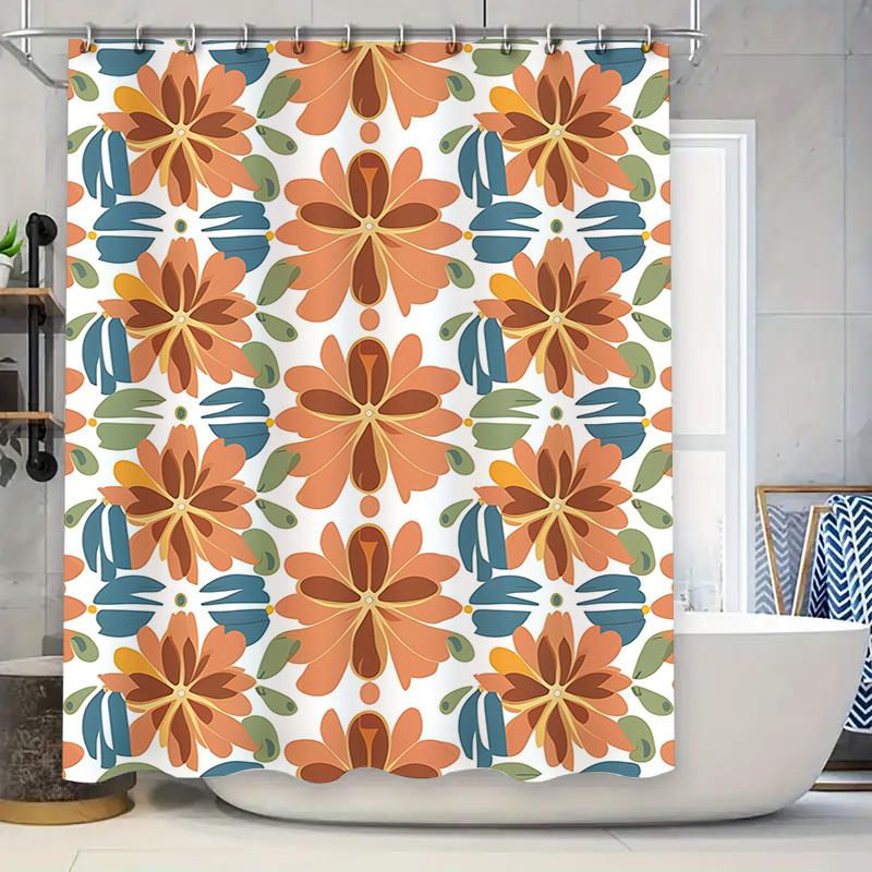 Floral Bathroom Shower Curtain Modern Pattern Design for Home Decor Orange Blue Color Block Striped Waterproof Fabric Size 72x84