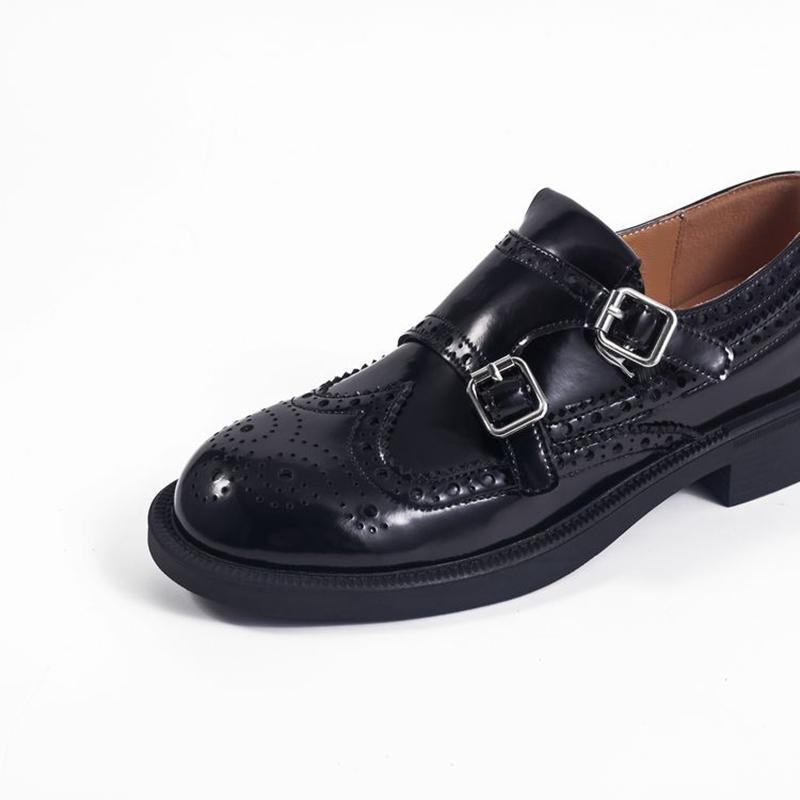 Fashion Women's new leather, cowhide, patent leather, cowhide, suede, metal belt buckle, carved hole, fashionable single shoe, work shoe