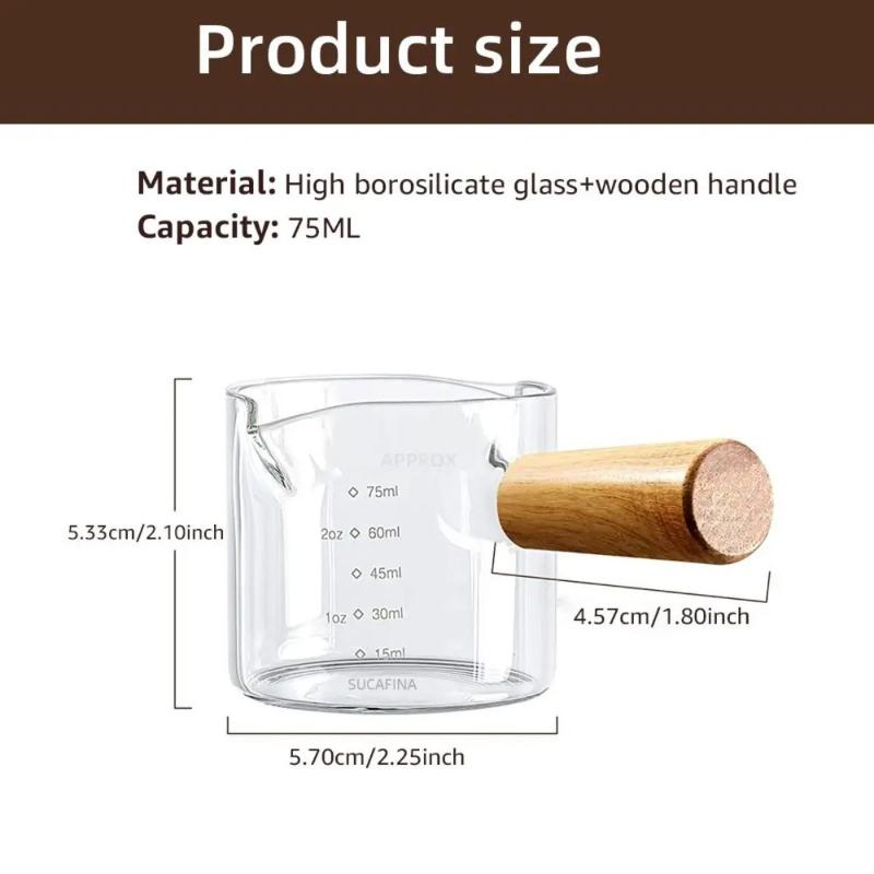 Espresso Measuring Cup 75ml Double Spout Milk Jug with Wooden Handle and Scale for Barista Coffee Latte Extraction Shot Glass