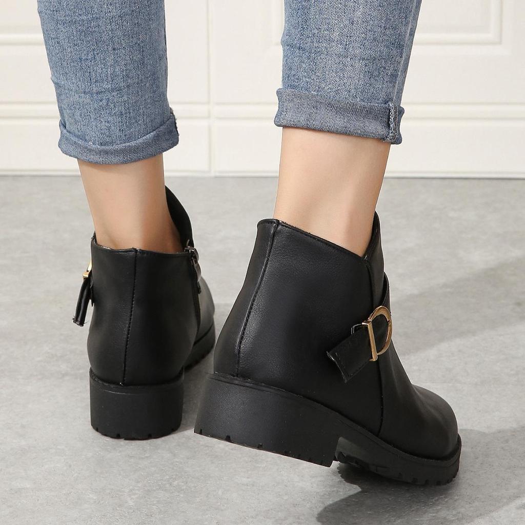 Winterstiefel aus PU-Leder mit kurzen Röhren für Damen, grenzüberschreitend, große Größe, runder Kopf, seitlicher Reißverschluss, dicker Absatz, Stiefel 35-42