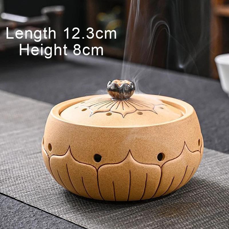 Coarse Ceramic Lotus Shape Incense Burner, Retro Indoor Aroma Rack Chinese Zen Tea, Living Room Decor, Home Fragrance Stove, 1Pc