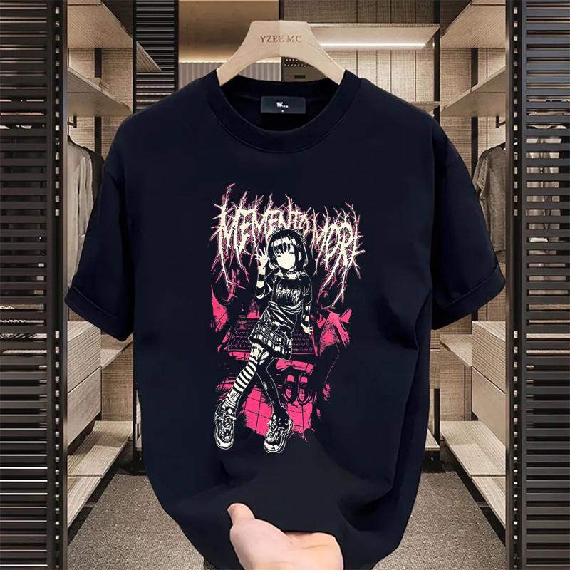 Women's Black Graphic Print T-shirt Avant-garde Skull Corner Design American Classic Retro Anime Girl Street Short Sleeve Couple