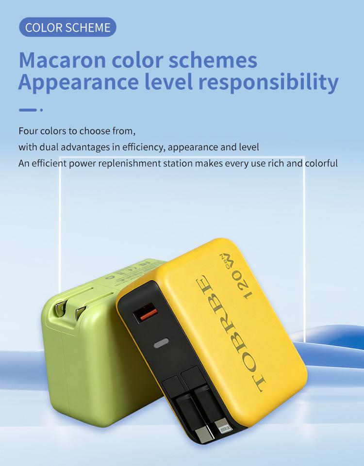 Fast Charging GaN Charger with Retractable Cable for Apple, iPad, Huawei, Xiaomi, and Android.