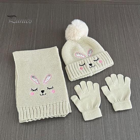 Warm Knitted Hat for Toddlers Winter Gloves Scarf Set Kids, Pompom Hat, Cute Essentials Bunny Embroidery, Cozy Boys Girls Ages 2 to 6 Outings