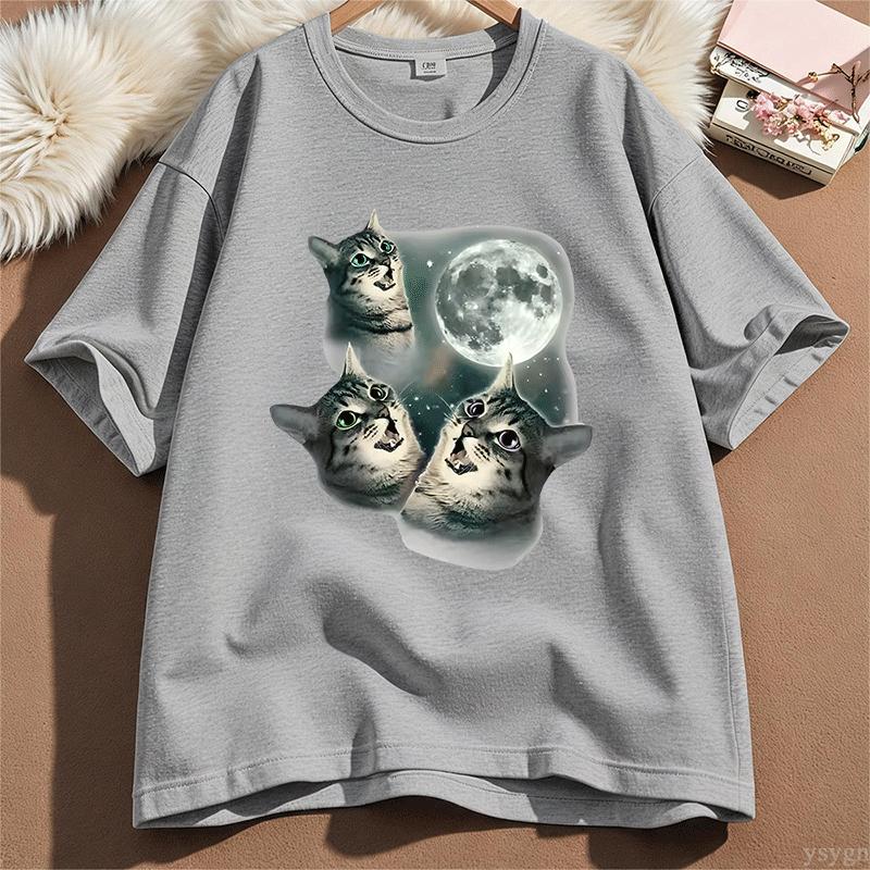 Three Cat Moon T Shirt Unisex Unisex Cotton Short Sleeve Funny Cat Parody TShirt Wolf Moon Cat Cute Kitten Tshirt Male Clothes Tops
