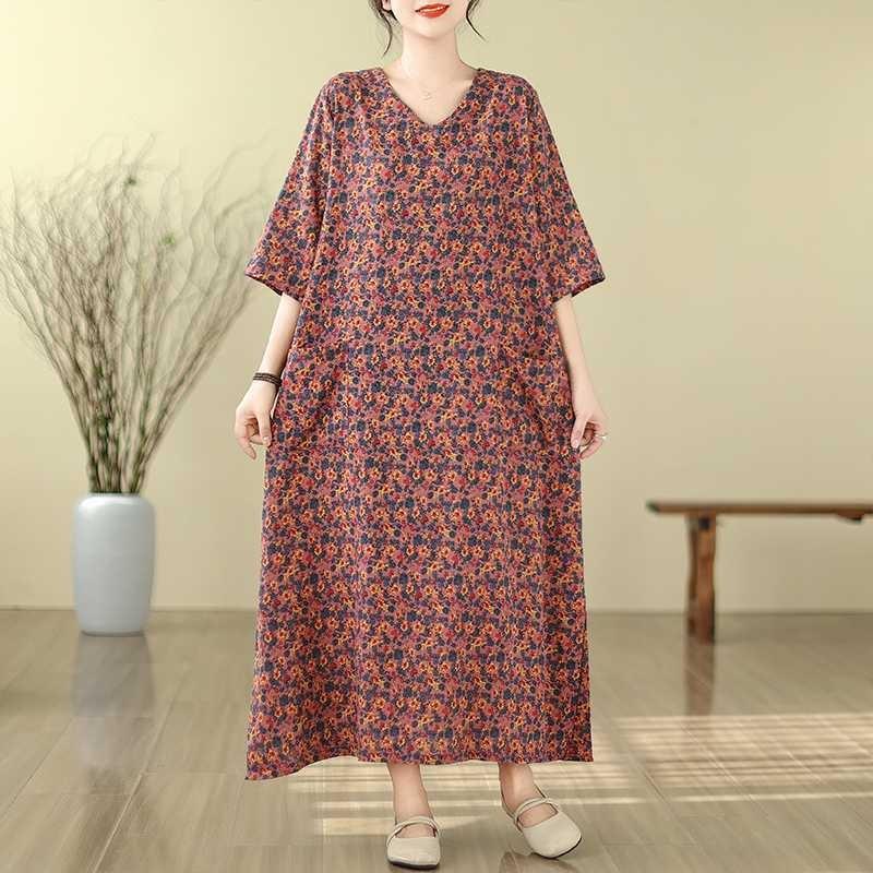 Literary Retro Vacation Style Travel Dress Plus Covering Flesh Skinny V-Neck Long Dresses