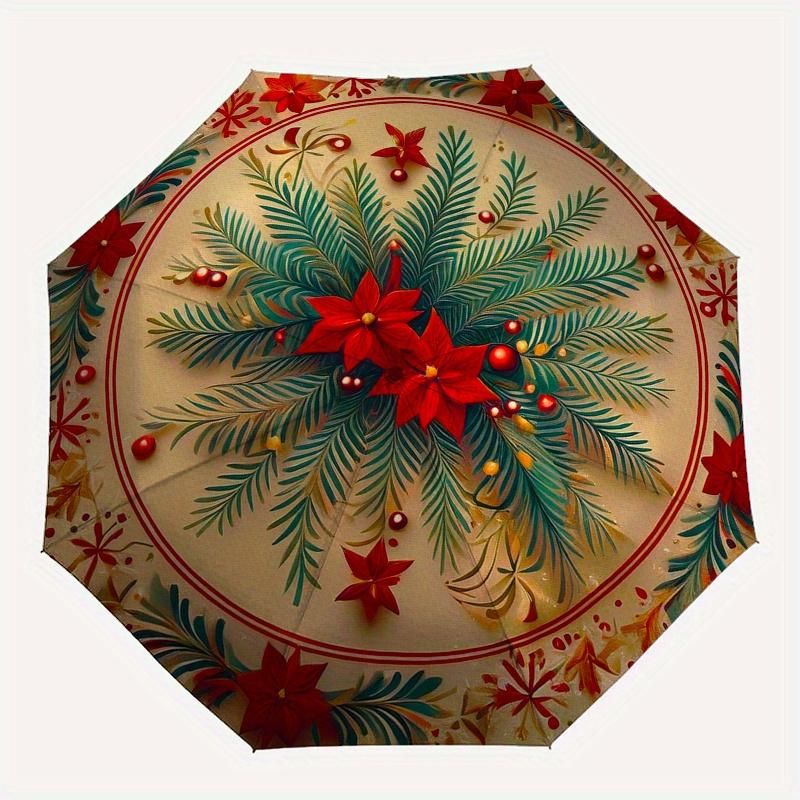 Christmas Poinsettia & Pine Branches PlateUmbrella, Portable 3-Fold Compact Umbrella,Christmas Gift ES583