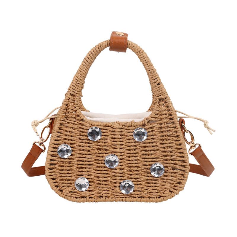 Personalized Handbag New Woven Straw Popular Handmade Fashion One Shoulder Niche Large Rhinestone Messenger Women's Bag