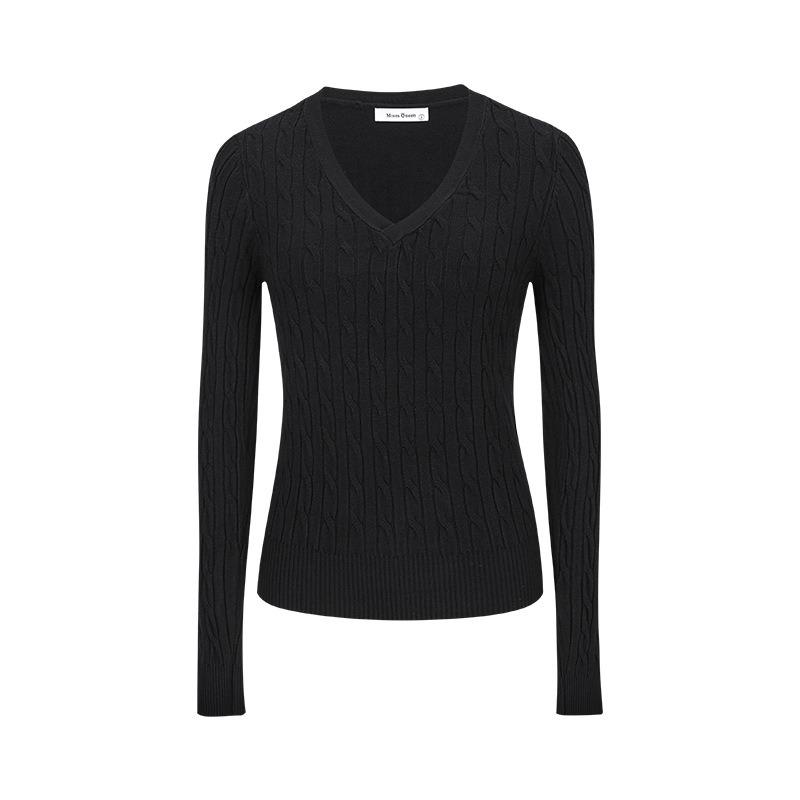 Shoulder collar long-sleeved retro fresh shoulder slim-fitting knitted sweater simple premium commuter slim long-sleeved top