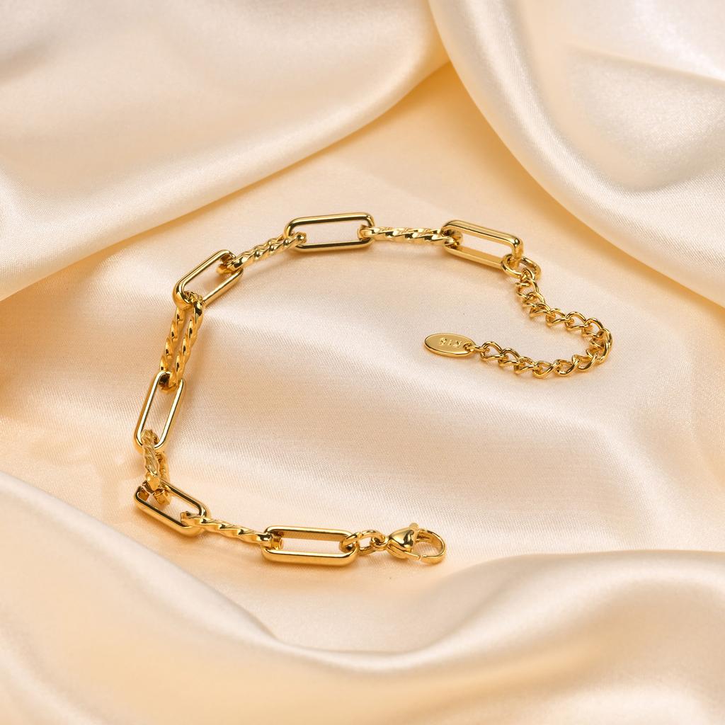 Minimalist 18K Gold Plated Bracelet Women, Slim Paperclip Twisted Link Chain, Simple Waterproof Jewelry