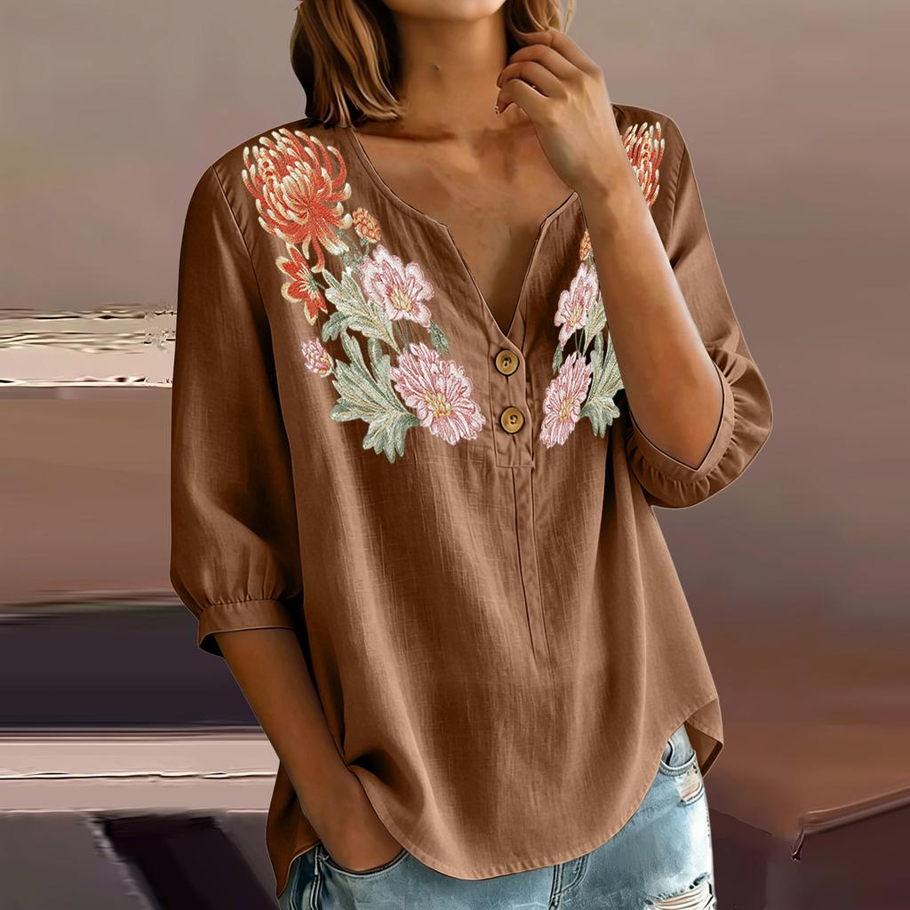 Damen Blumenstickerei Henley-Kragen Knopfleiste Hemd Dreiviertelarm Baumwolle Leinen Oberteil Lässige Bluse