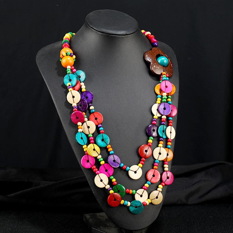 Bohemian Holiday Style Colorful Wood Necklace with European and American Ethnic Style Long Style Exaggerated Personalized Accessories for Women