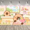 Lindo Fondo Temático de Fiesta de Capibara y Conejo de las Indias, Pancarta con Estampado de Pastel y Globos de Colores para Decoración de Fiesta Infantil