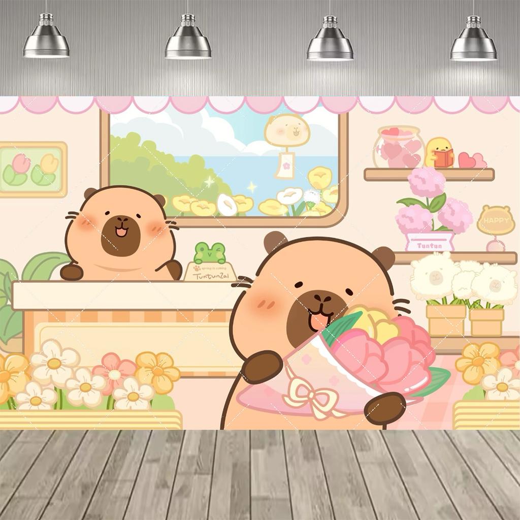Lindo Fondo Temático de Fiesta de Capibara y Conejo de las Indias, Pancarta con Estampado de Pastel y Globos de Colores para Decoración de Fiesta Infantil