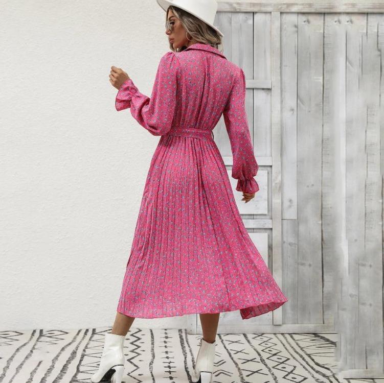 Women Autumn Winter Casual Long Sleeve V-neck Floral Print A-Line High Waist Ankle Length Dress