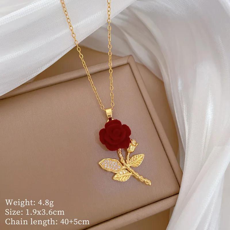 

Fashion Red Rose Flower Pendant Necklace for Women Girls Stainless Steel Chain Party Accessories Vintage Y2K Jewelry Gifts