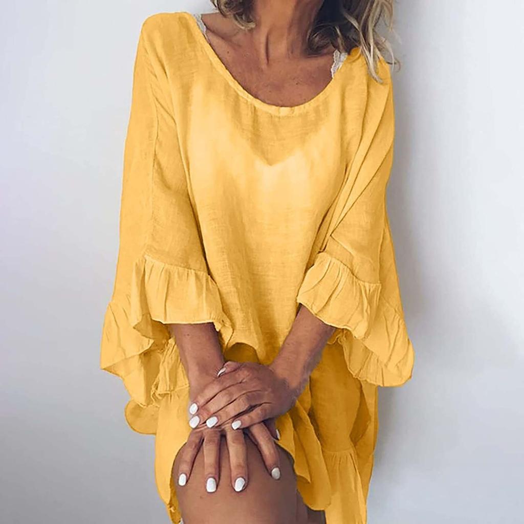 فستان نسائي أنيق بلون سادة وأكمام مكشكشة من القطن والكتان بلون سادة